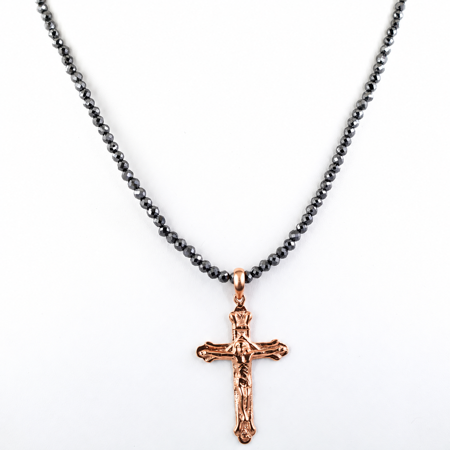 4 mm Black Diamond Beaded Necklace with Sterling Silver Cross Pendant, Unisex, 18–24 Inches + Free Diamond Studs