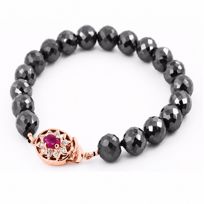 6mm Black Diamond Knot Style Beaded Bracelet with Ruby Clasp, Emerald Clasp, 925 Silver