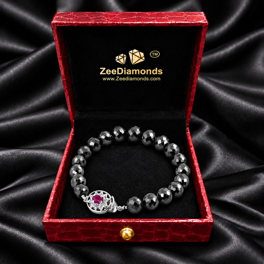6mm Black Diamond Knot Style Beaded Bracelet with Ruby Clasp, Emerald Clasp, 925 Silver