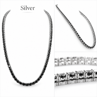 5 mm Black Diamond Tennis Necklace in 925 Sterling Silver, Unisex + Free Diamond Solitaire Studs