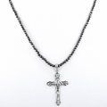 4 mm Black Diamond Beaded Necklace with Sterling Silver Cross Pendant, Unisex, 18–24 Inches + Free Diamond Studs