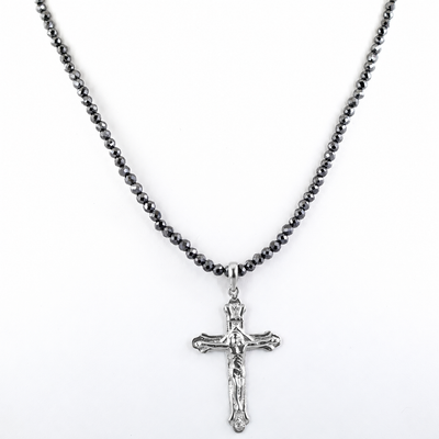 4 mm Black Diamond Beaded Necklace with Sterling Silver Cross Pendant, Unisex, 18–24 Inches + Free Diamond Studs