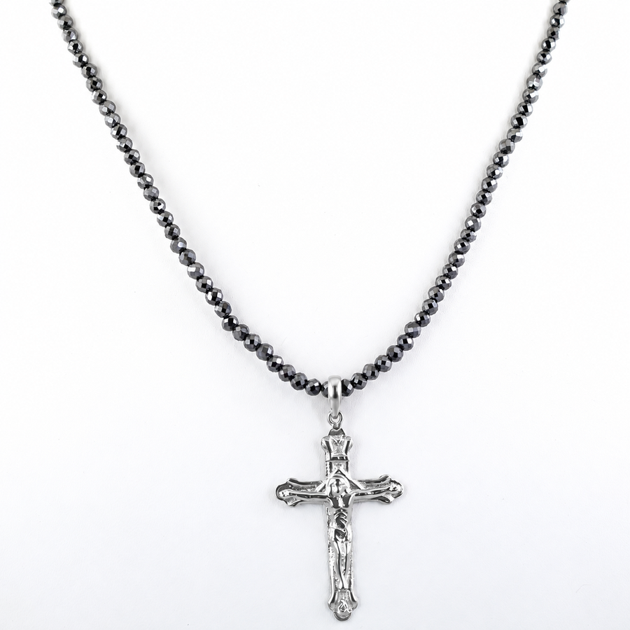 4 mm Black Diamond Beaded Necklace with Sterling Silver Cross Pendant, Unisex, 18–24 Inches + Free Diamond Studs