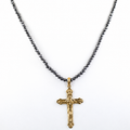 4 mm Black Diamond Beaded Necklace with Sterling Silver Cross Pendant, Unisex, 18–24 Inches + Free Diamond Studs