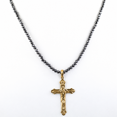 4 mm Black Diamond Beaded Necklace with Sterling Silver Cross Pendant, Unisex, 18–24 Inches + Free Diamond Studs