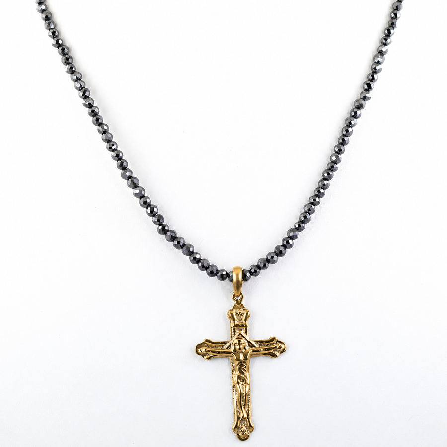 4 mm Black Diamond Beaded Necklace with Sterling Silver Cross Pendant, Unisex, 18–24 Inches + Free Diamond Studs