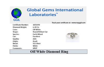 Rare 6.30 Ct Off White Diamond Solitaire Heavy Ring, Amazing Collection & Great Sparkle ! Ideal For Birthday Gift, Certified Diamond! - ZeeDiamonds