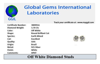 3.70 Ct Elegant Off-White Diamond Solitaire Studs, Excellent Cut & Luster, Great Shine & Luster ! - ZeeDiamonds