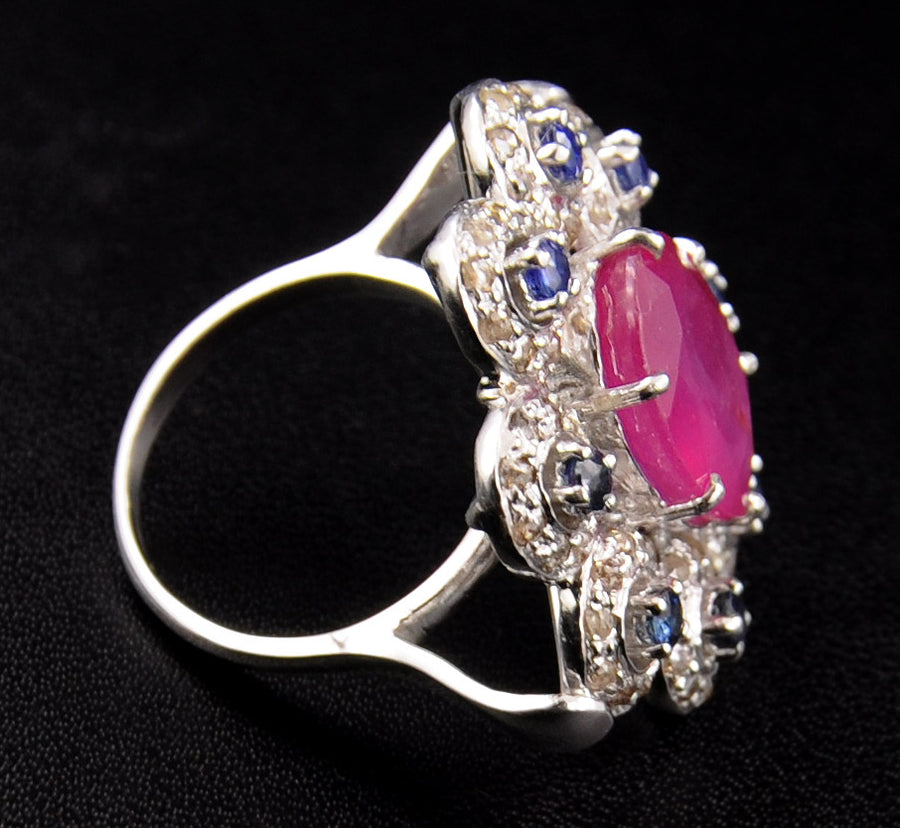 Ruby and Blue Sapphire Gemstone Ring With Rose Cut Diamonds - ZeeDiamonds