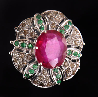 Ruby & Emerald Gemstone Ring With Rose Cut Diamonds - ZeeDiamonds