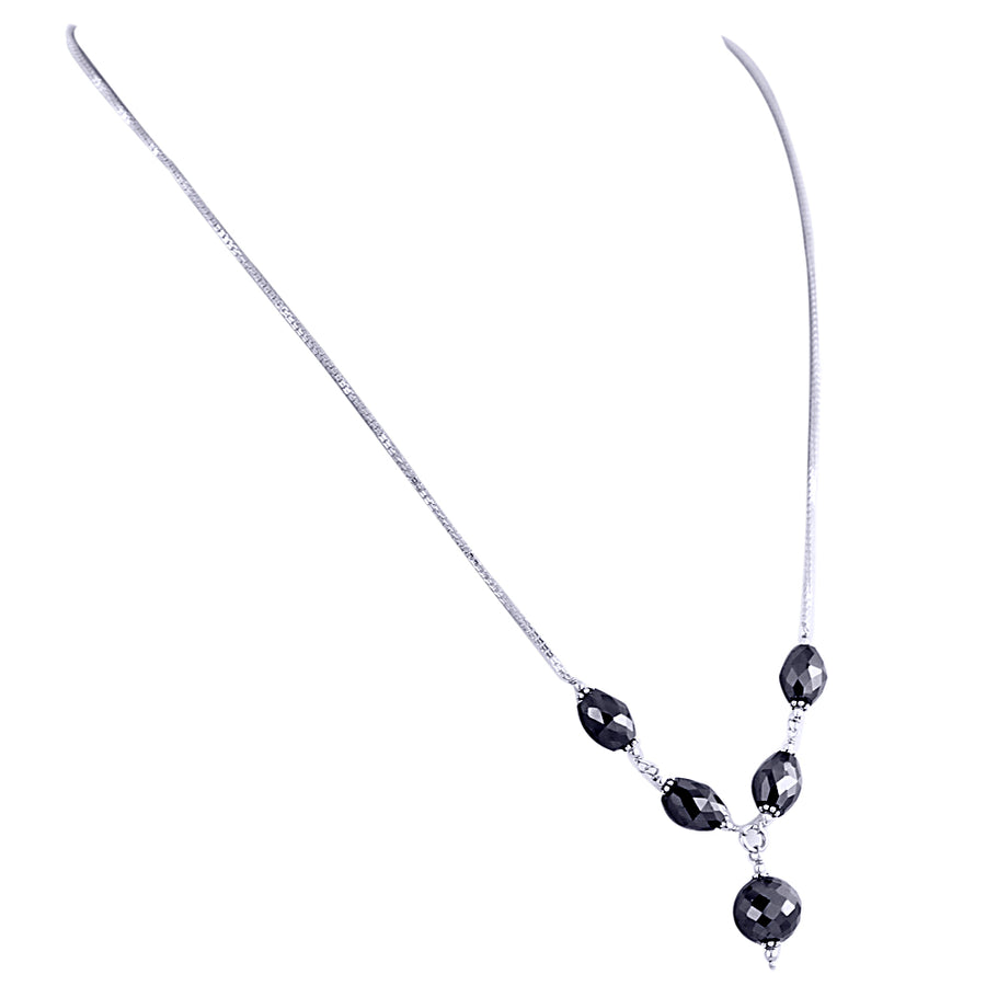 Elegant Drum & Round Black Diamond Sterling Silver Chain Necklace - ZeeDiamonds