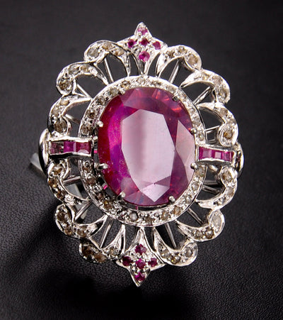 8 Ct Ruby Gemstone Designer Ring With Rose Cut Diamonds - ZeeDiamonds