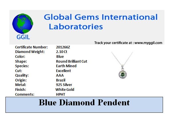 2.10 Ct AAA Certified Blue Diamond Pendant With White Accents, Great Shine & Luster ! WATCH VIDEO - ZeeDiamonds