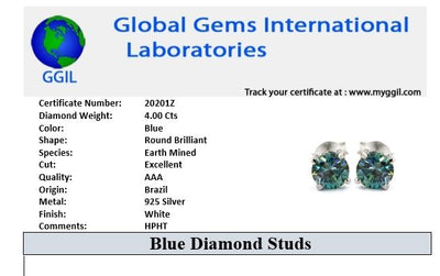 4 Ct AAA Certified Deep Blue Diamond Solitaire Studs, Anniversary Gift - ZeeDiamonds