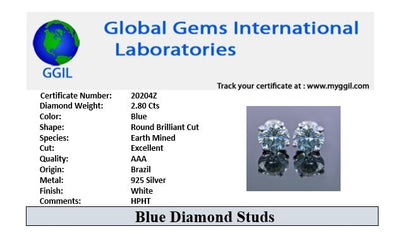 2.80 Ct AAA Certified Blue Diamond Solitaire Studs in 4 Prongs, Amazing Shine & Bling ! - ZeeDiamonds