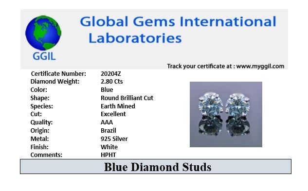 2.80 Ct AAA Certified Blue Diamond Solitaire Studs in 4 Prongs, Amazing Shine & Bling ! - ZeeDiamonds