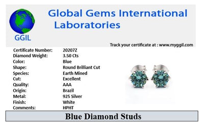 3.50 Ct AAA Certified Blue Diamond Solitaire Studs, Great Shine & Lustre ! - ZeeDiamonds