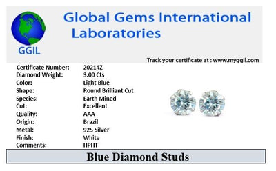 3 Ct AAA Quality, Certified Light Blue Diamond Solitaire Studs, Ideal For Gift, Great Brilliance ! - ZeeDiamonds