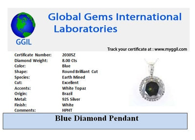 8.00 Ct Certified Blue Diamond Solitaire Pendant With White Topaz Accents, AAA Quality ! - ZeeDiamonds