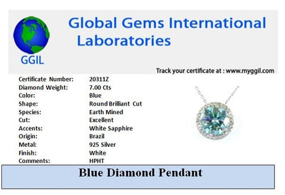 7.00 Ct Certified Blue Diamond Solitaire Pendant With White Sapphire Accents, AAA Quality ! - ZeeDiamonds