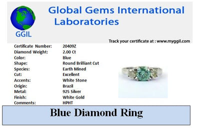 2.00 Ct Blue Diamond Ring In Round Brilliant Cut With White Accents, AAA Quality, Great Shine & Luster ! - ZeeDiamonds