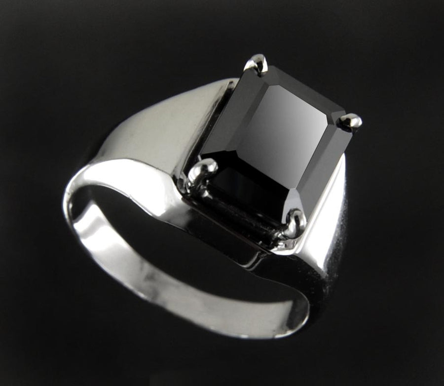 3 Cts Stunning Emerald Cut Black Diamond Solitaire Men's Ring, AAA Quality - ZeeDiamonds
