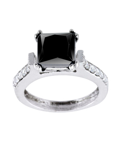 2 Ct Princess Cut Black Diamond with White Diamond Accents, Great Shine Solitaire Ring - ZeeDiamonds