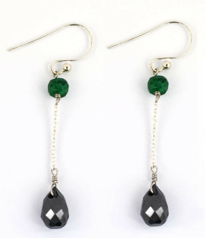 10 Ct 100% Certified Black Diamond Dangler Earrings with Emerald Beads - ZeeDiamonds