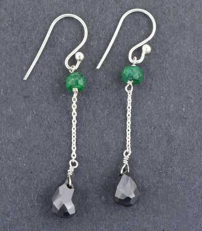 10 Ct 100% Certified Black Diamond Dangler Earrings with Emerald Beads - ZeeDiamonds