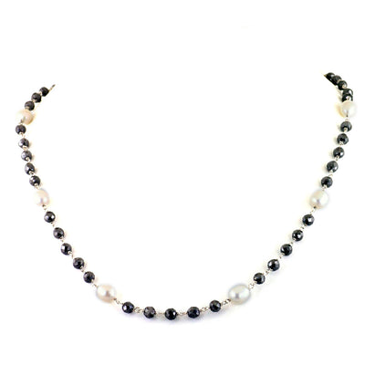 5mm Black Diamond Necklace With Oval Pearls & Matching Dangler Earrings - ZeeDiamonds