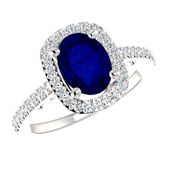 Oval Blue Sapphire Engagement Ring With White Diamond Accents - ZeeDiamonds