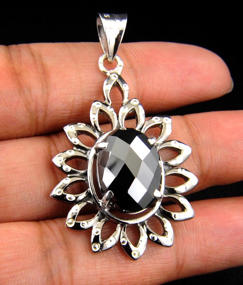 Certified Oval Checker Cut Black Diamond Pendant In Sterling Silver- Free Chain - ZeeDiamonds