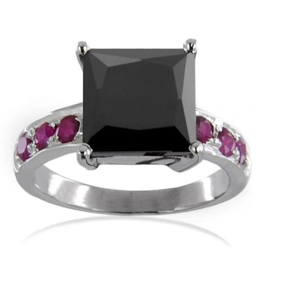 4-5 Ct Black Diamond Solitaire Ring with Ruby Gemstone Accents - ZeeDiamonds