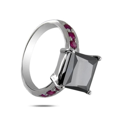 4-5 Ct Black Diamond Solitaire Ring with Ruby Gemstone Accents - ZeeDiamonds