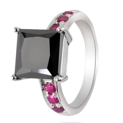 4-5 Ct Black Diamond Solitaire Ring with Ruby Gemstone Accents - ZeeDiamonds