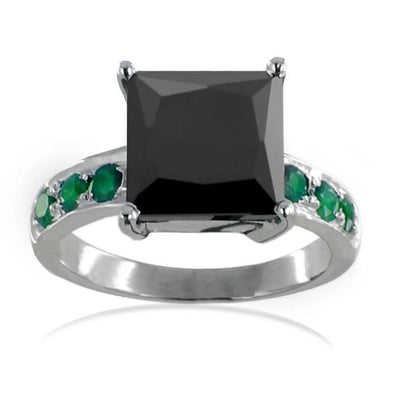 4 Ct Black Diamond Ring with Emerald Accents in 925 Silver - ZeeDiamonds