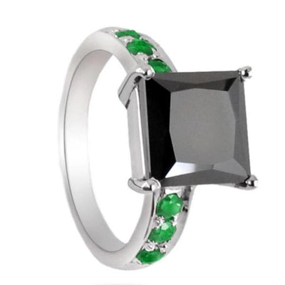 4 Ct Black Diamond Ring with Emerald Accents in 925 Silver - ZeeDiamonds