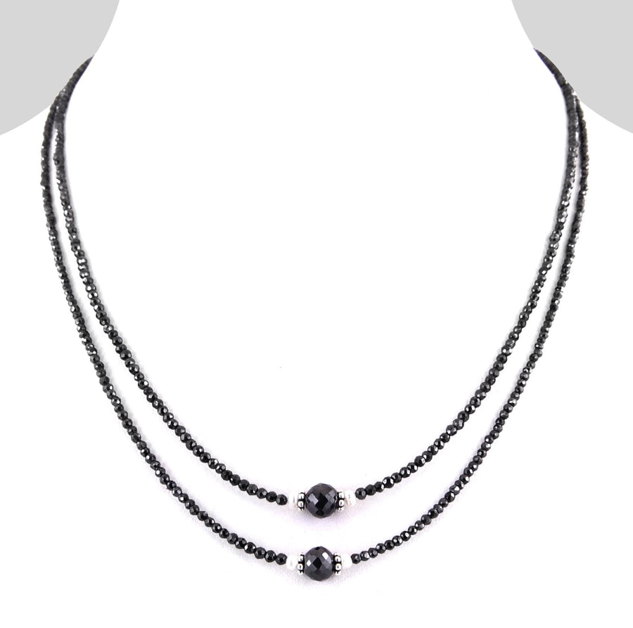 Two Row 3mm Black Diamond Necklace With 10mm Bead - ZeeDiamonds