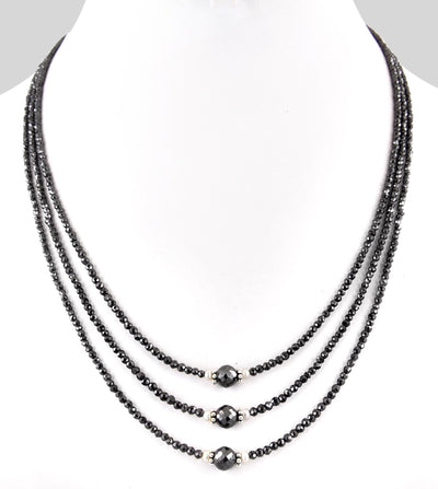Three Row 3 mm Black Diamond Necklace With 10 mm Bead - ZeeDiamonds