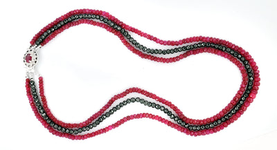 Designer Three Row Black Diamond And Ruby Necklace With Ruby Clasp - ZeeDiamonds