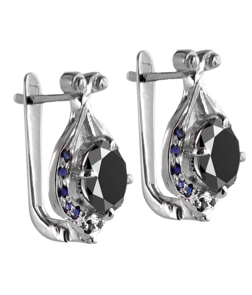 Round Cut Black Diamond Solitaire Studs With Blue Sapphire Accents - ZeeDiamonds