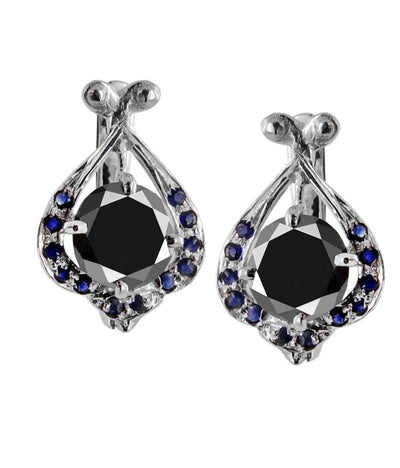 Round Cut Black Diamond Solitaire Studs With Blue Sapphire Accents - ZeeDiamonds