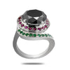 4 Ct AAA Quality Black Diamond Ring with Rubies & Emeralds Accents - ZeeDiamonds