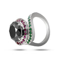 4 Ct AAA Quality Black Diamond Ring with Rubies & Emeralds Accents - ZeeDiamonds