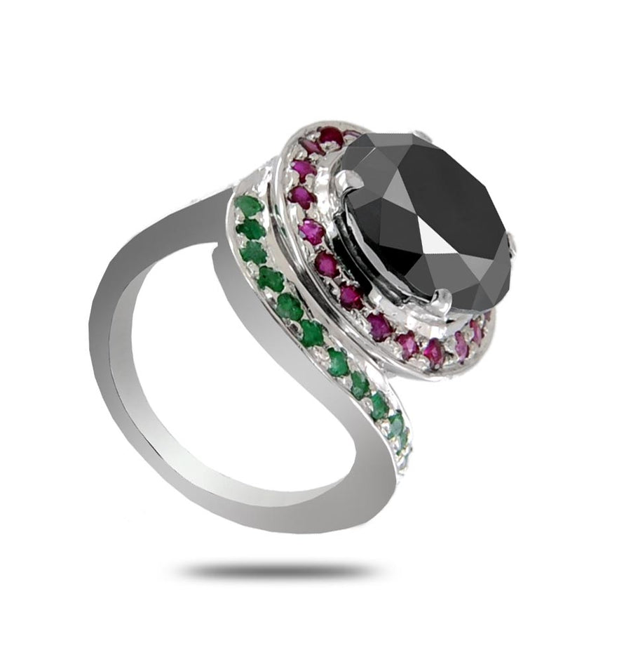 4 Ct AAA Quality Black Diamond Ring with Rubies & Emeralds Accents - ZeeDiamonds
