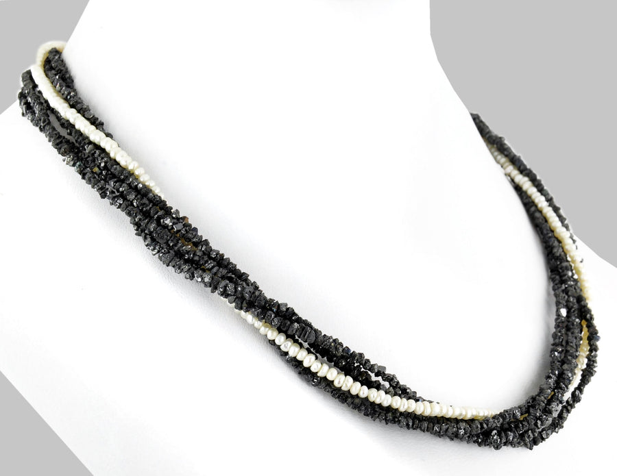 Five Row Rough Black Diamond & Freshwater Pearl Necklace - ZeeDiamonds