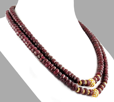 Two Row 7-8 mm, Ruby Gemstone Necklace With Gold Plated Beads - ZeeDiamonds