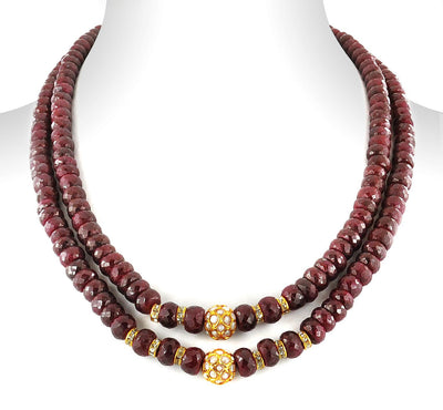 Two Row 7-8 mm, Ruby Gemstone Necklace With Gold Plated Beads - ZeeDiamonds