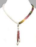 3 - 4 mm Tourmaline And Pearl Multi Gemstone Lariat Style Necklace - ZeeDiamonds