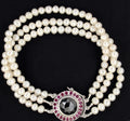 Three Row Pearl Moti with Ruby Accents Designer Bracelet With Black Diamond Clasp - ZeeDiamonds